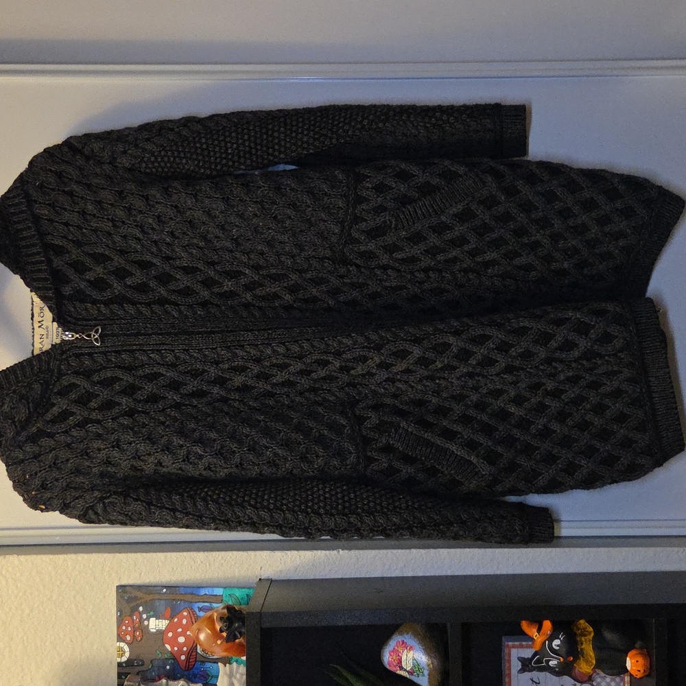 Aran Mor 100% Merino Wool Hooded Sweater Jacket Grey with Pockets Size Large
